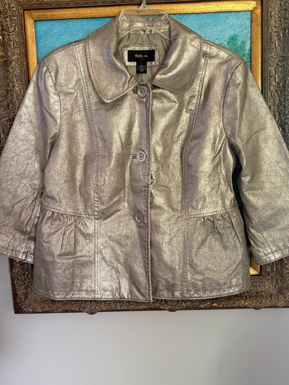 Leather Metallic Cropped Feminine Blazer Size Large